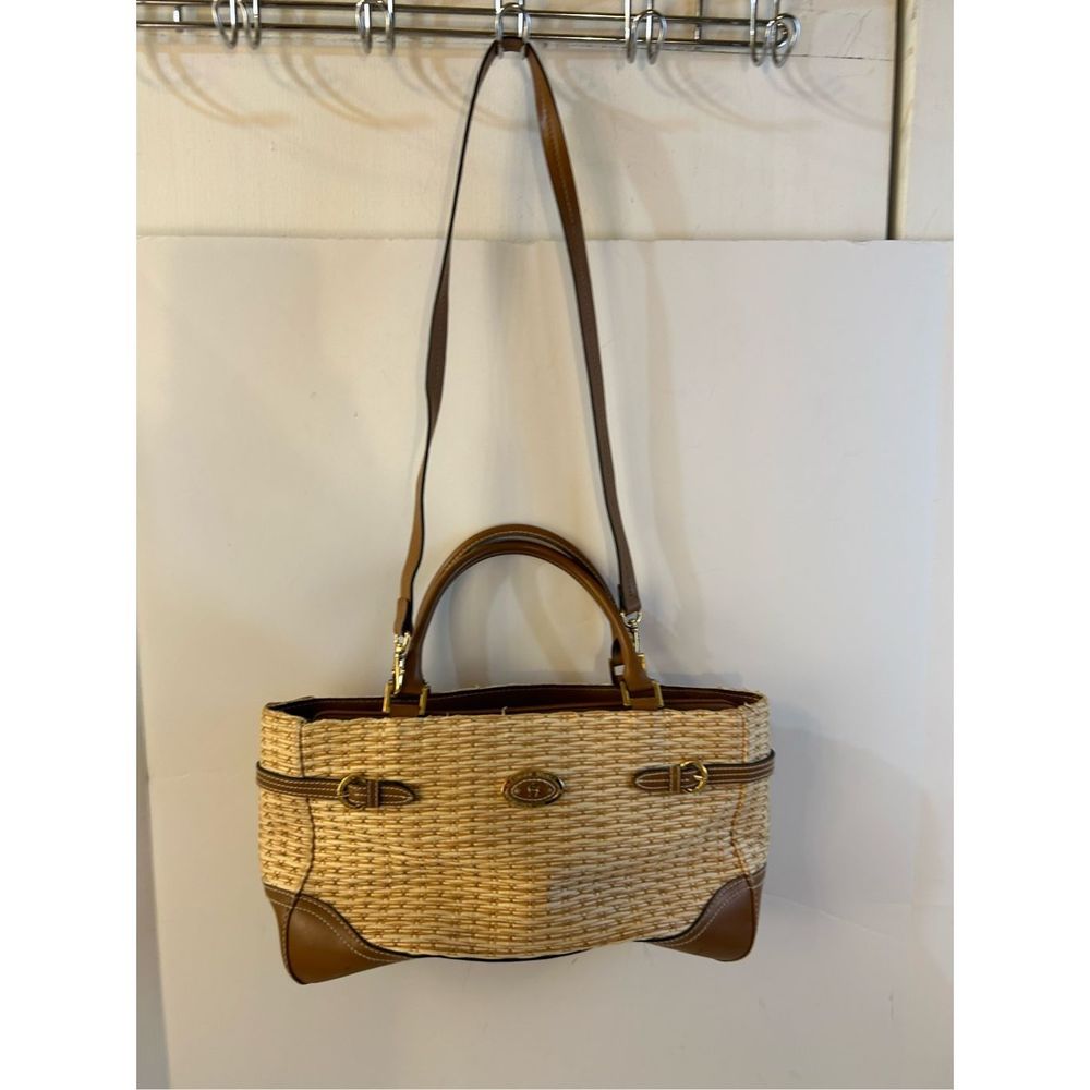 ETIENNE AIGNER Woven Straw Tote with Brown Leather Trim